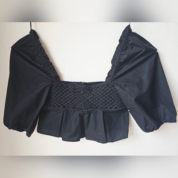PINKO CROP Black Peplum Top Puffed Sleeve Darts Woven Square Size 2 170/80A - Picture 8 of 12